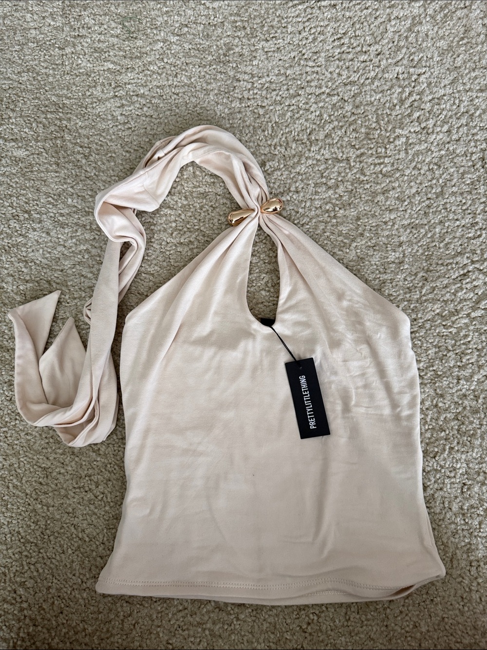 PrettyLittleThing Cream One Shoulder Halter Top with Gold Ring